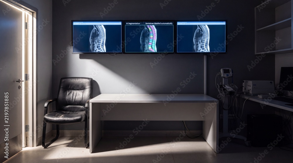 deep_vision27's tweet photo. https://t.co/K5l3ARS2MM
Empty radiology reading room with AI spine segmentation on MRI monitors
#mri #spine #aisegmentation #artificialintelligence #radiology #medicalimaging #vertebrae #monitors #hospital #emptyroom #ai #healthcare #spinalcolumn https://t.co/55wlcoQsbl