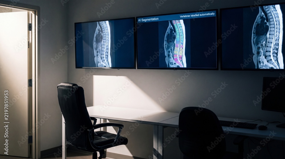 deep_vision27's tweet photo. https://t.co/cBRZnodyvH
Empty radiology reading room with AI spine segmentation on MRI monitors
#mri #spine #aisegmentation #artificialintelligence #radiology #medicalimaging #vertebrae #monitors #hospital #emptyroom #ai #healthcare #spinalcolumn https://t.co/fjhAknj68J