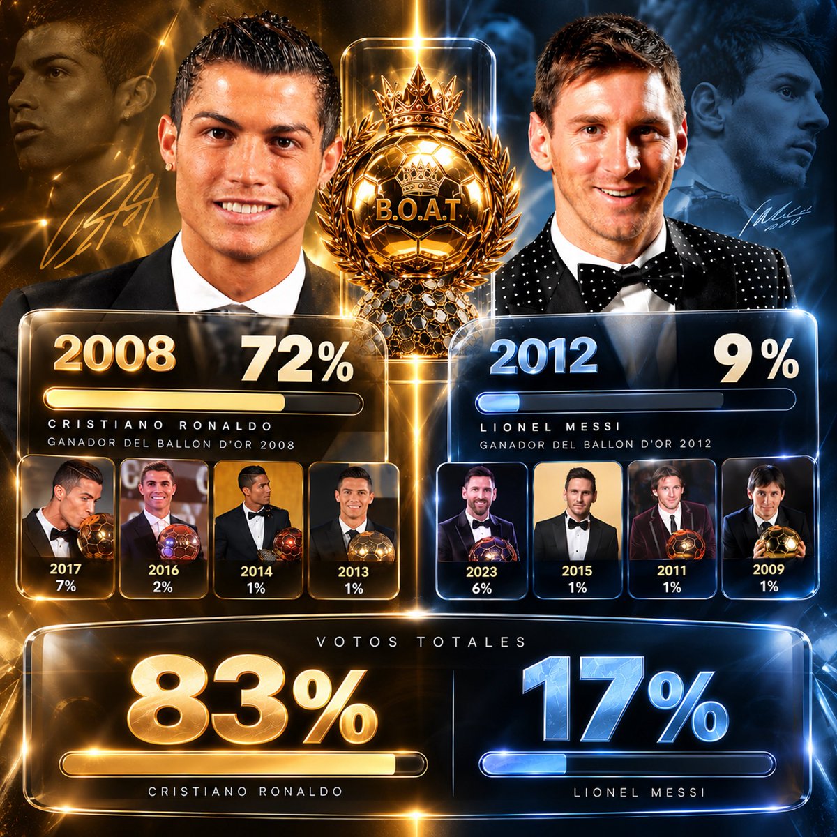 ArielipilloPlus's tweet photo. ‼️ Actualización:
Acepten la derrota con deportividad y reconozcan que el Mundo prefiere a Cristiano Ronaldo. 

🥇 Cristiano 2008 - 73 % de los votos.
⬇️ Messi 2012 - 9 % de los votos.

Votos totales:
✅ Cristiano: 83 %
❌ Messi: 17 % https://t.co/N0f01b3zrV