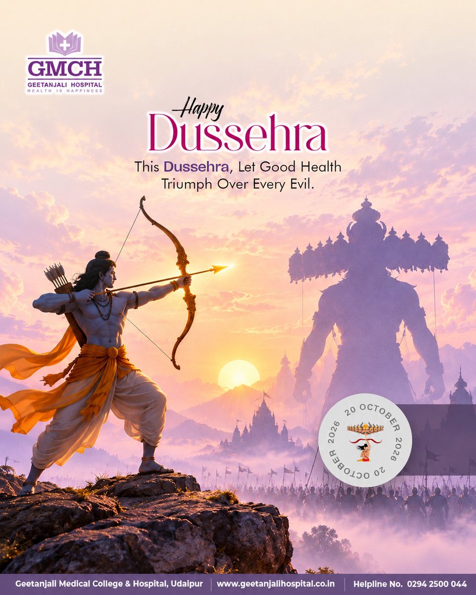 GMCHudaipur's tweet photo. 🏹✨ This Dussehra, let good health triumph over every evil!

May Lord Rama's blessings bring happiness, prosperity, and good health to all.

Geetanjali Medical College &amp; Hospital wishes everyone a Happy Dussehra!

#HappyDussehra #Dussehra2026 #GeetanjaliHospital #GMCHUdaipur https://t.co/PrI8UsAfcw
