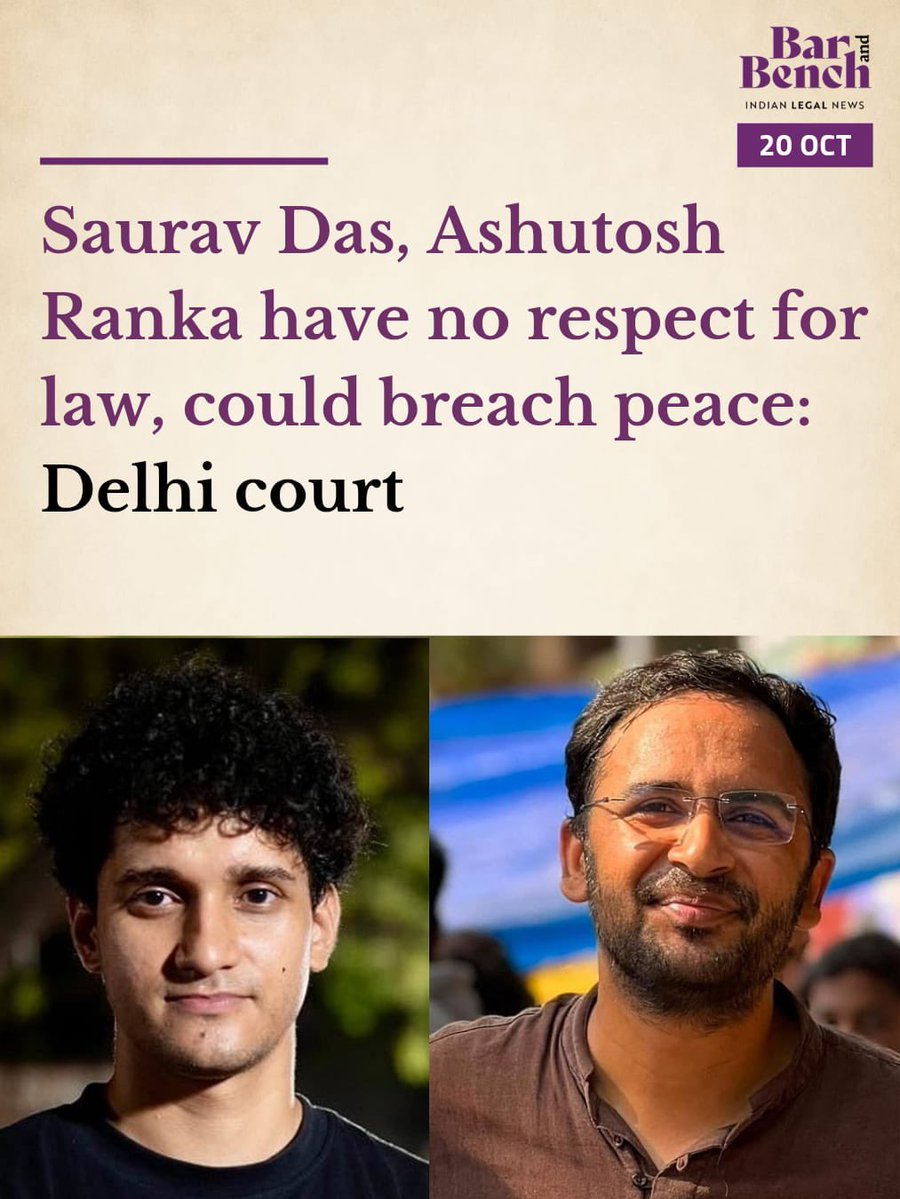 barandbench's tweet photo. Saurav Das, Ashutosh Ranka have no respect for law, could breach peace: Delhi court

Read here: https://t.co/8U00899x72
@SauravDassss @AshutoshRanka https://t.co/3RY7H51ULR