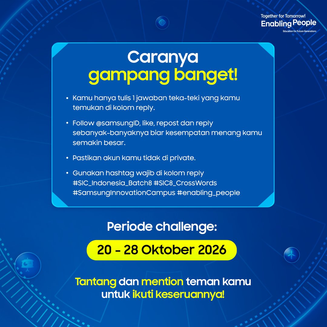 samsungID's tweet photo. Kalau kamu innovator, pasti bisa pecahkan 1 kata kosong yang tersisa ini!

Seberapa jago kamu menghubungkan kata-kata yang berhubungan dengan dunia teknologi?

Coba pecahkan sekarang, lalu tag 1 sahabat kamu buat ikut tantangan ini! Jangan lupa buat like, share dan reply di postingan ini sebanyak banyaknya, biar kemungkinan menang kamu semakin besar!! 

#SIC_Indonesia_Batch8 #SIC8_CrossWords #SamsungInnovationCampus #enabling_people
