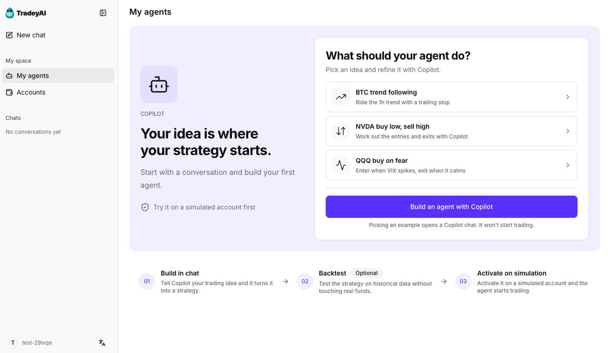 TradeyAI's tweet photo. Start with a conversation and build your first #AI #trading #agent on #TradeyAI.

Your idea is where your strategy starts.

Try it on a simulated account first.

Chat → Backtest → Activate 📈

Try it now 👇

https://t.co/1GKtk2iz7o https://t.co/Bw81MBOrKb