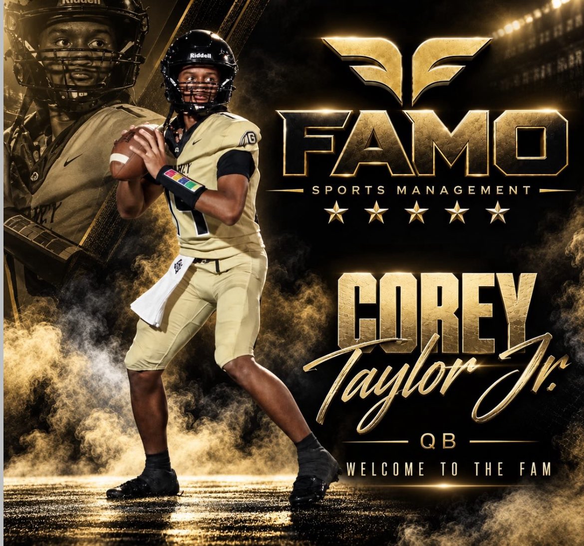 Sagt_CoachWade's tweet photo. Welcome to the Family @corey_qb1 

Corey Taylor Jr. | QB | 2029. One of the Top QBs in the nation

6’1” | 180 lbs
Sophomore varsity starter
64.9% completion percentage
1,029 passing yards | 9 TDs | 3 INTs
139 rushing yards | 3 TDs
1,168 total yards | 12 total TDs https://t.co/Eek8he4zQS