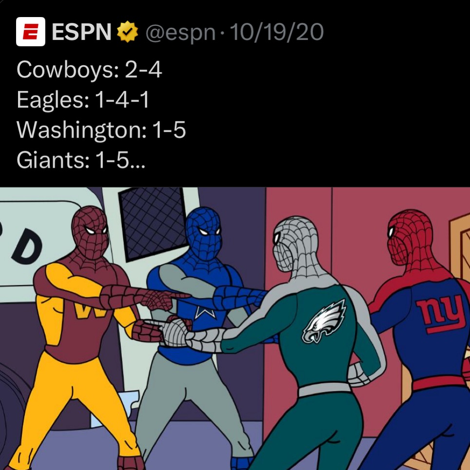 The_VetX's tweet photo. HISTORY: The NFC East is the 1st division in NFL history to go winless in back-to-back weeks, with every team playing.

The Cowboys, Commanders, Eagles, and Giants are a combined 0-6-2.

@ray3473 @thesportscast1 https://t.co/slkszMpAAj