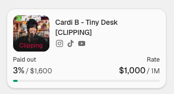 kenbensinger's tweet photo. CLIPPING ECONOMY: Have you noticed a lot of clips of Cardi B on NPR Tiny Desk  on TikTok, IG or YouTube? 

It's because they were paid for: within hours of her going on the show today, a paid clipping campaign appeared offering $1 per 1,000 views to promote her appearance. https://t.co/RmA9Dy6kYr