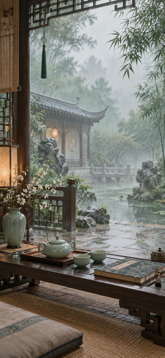 HuanAIart's tweet photo. 壁纸系列｜天青宋韵 · Celadon Serenity

如果温柔有颜色，大概是汝窑的天青色。

这次创作了 4 张「天青宋韵」手机壁纸。

窗畔玉兰、烟雨茶亭、雨后莲池、日影回廊。

以温润的汝瓷、淡雅的花木与柔和的光影，呈现宋式美学独有的清雅与宁静。

一枝花，一盏茶，一器天青，便是东方浪漫。

4 张里面，你最喜欢哪一张？