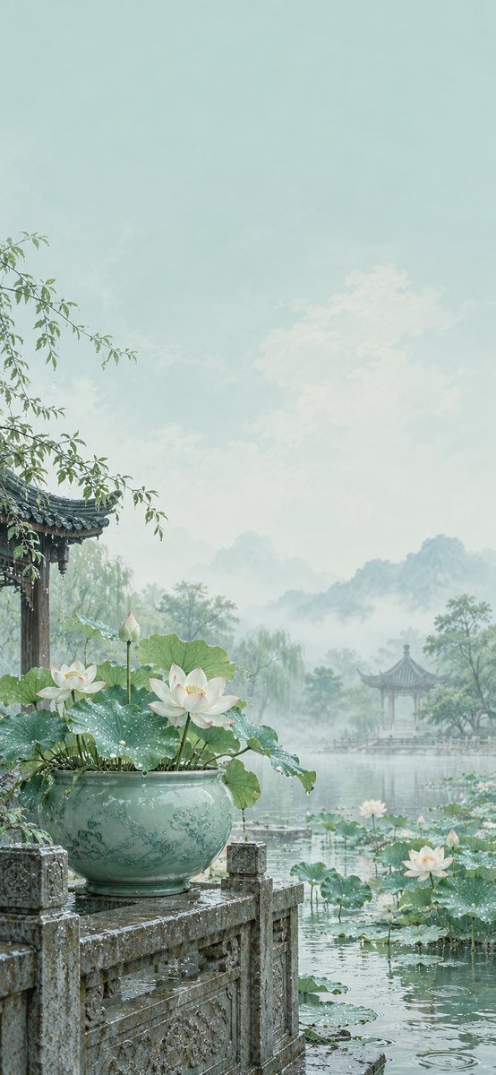 HuanAIart's tweet photo. 壁纸系列｜天青宋韵 · Celadon Serenity

如果温柔有颜色，大概是汝窑的天青色。

这次创作了 4 张「天青宋韵」手机壁纸。

窗畔玉兰、烟雨茶亭、雨后莲池、日影回廊。

以温润的汝瓷、淡雅的花木与柔和的光影，呈现宋式美学独有的清雅与宁静。

一枝花，一盏茶，一器天青，便是东方浪漫。

4 张里面，你最喜欢哪一张？