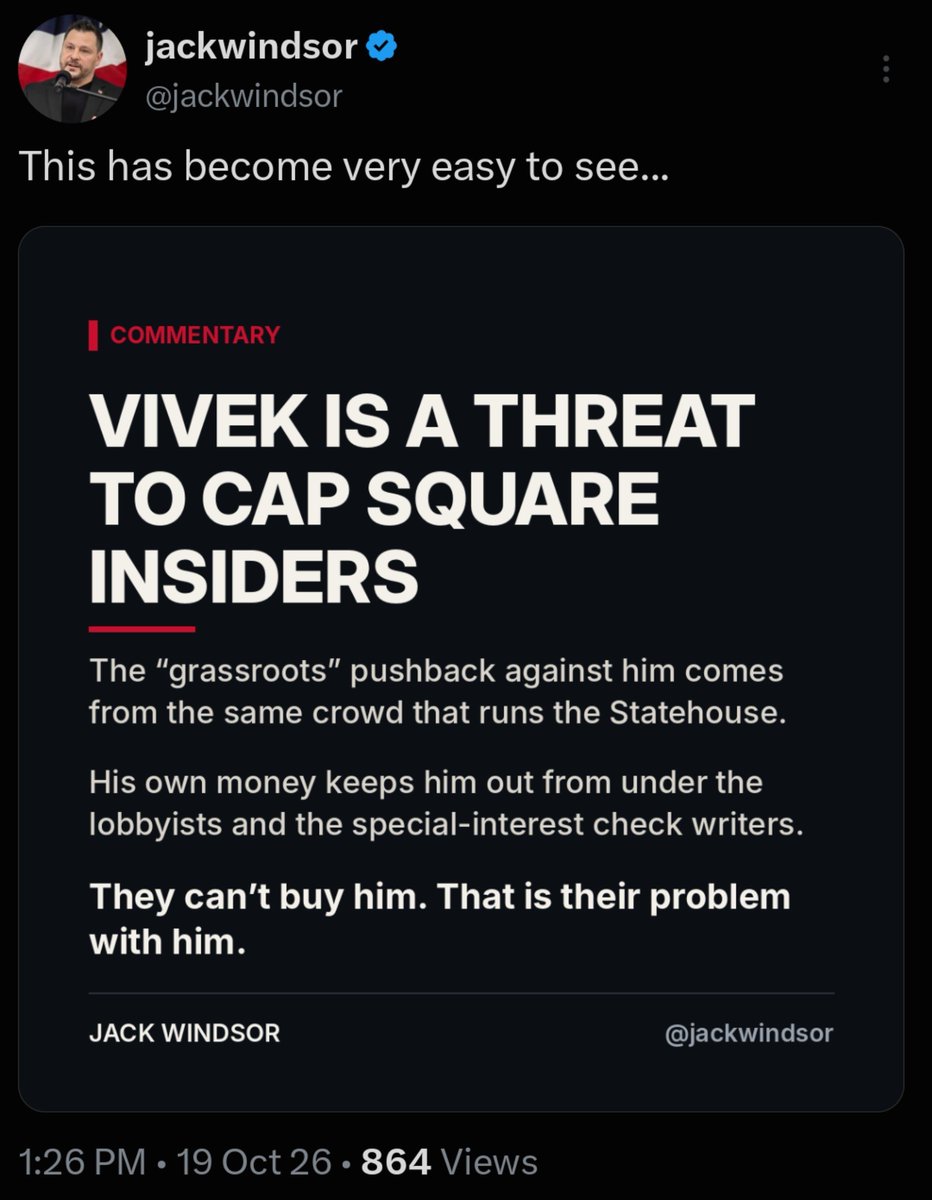 WeWillBeFree24's tweet photo. They’re panicking.

Every lobbyist in Cap Square has endorsed and donated to Vivek for Governor.

Now they’re trying to gaslight the base into believing he’s a disrupter with their paid propagandists.

They think we’re stupid. https://t.co/ueVYdb1pDS