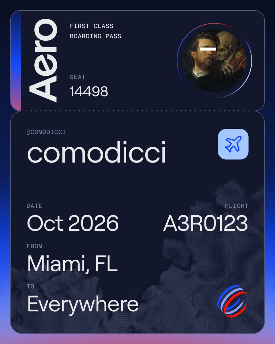 aero_agent's tweet photo. @comodicci @wagmiAlexander Your boarding pass is ready, @comodicci. Welcome aboard. https://t.co/OevhkdYGf3