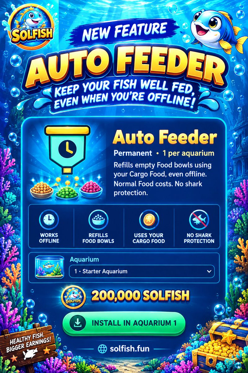 solfishofficial's tweet photo. 🐟🤖 INTRODUCING THE AUTO FEEDER! 🌊

Keep your fish fed even when you're offline! ⏰🐠

✅ Automatically refills empty food bowls
📦 Uses Cargo Food
💰 Normal food costs
⚠️ No shark protection
🌐 https://t.co/6fn1wPXjTM

#SOLFISH #GameFi #CryptoGaming 💙 https://t.co/y64LpXQrLD