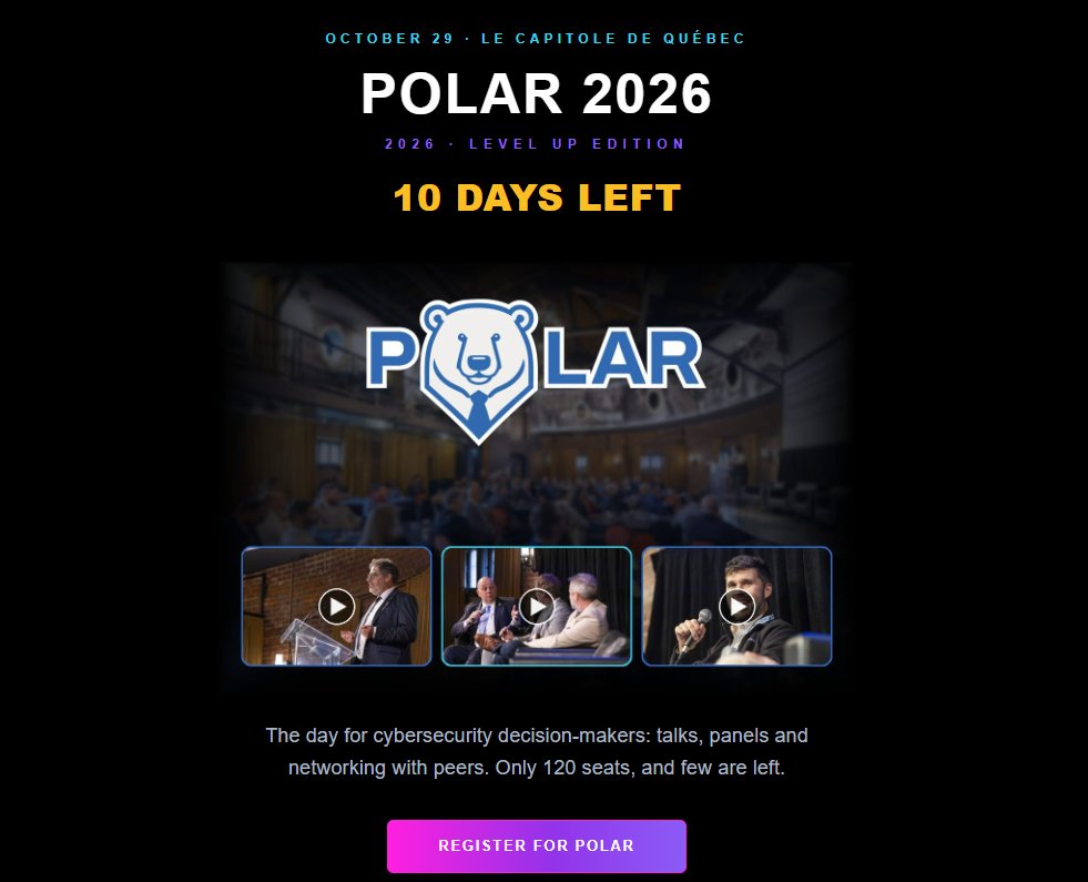 POLARconference's tweet photo. POLAR 2026: only 10 days left!  The cybersecurity decision-makers' day: talks, panels and peer networking. Only 120 seats, and few remain.  Schedule and tickets: https://t.co/EKOR67aFMN  #POLAR2026 #cybersecurity #CISO #Hackfest https://t.co/0FZew2MW9z