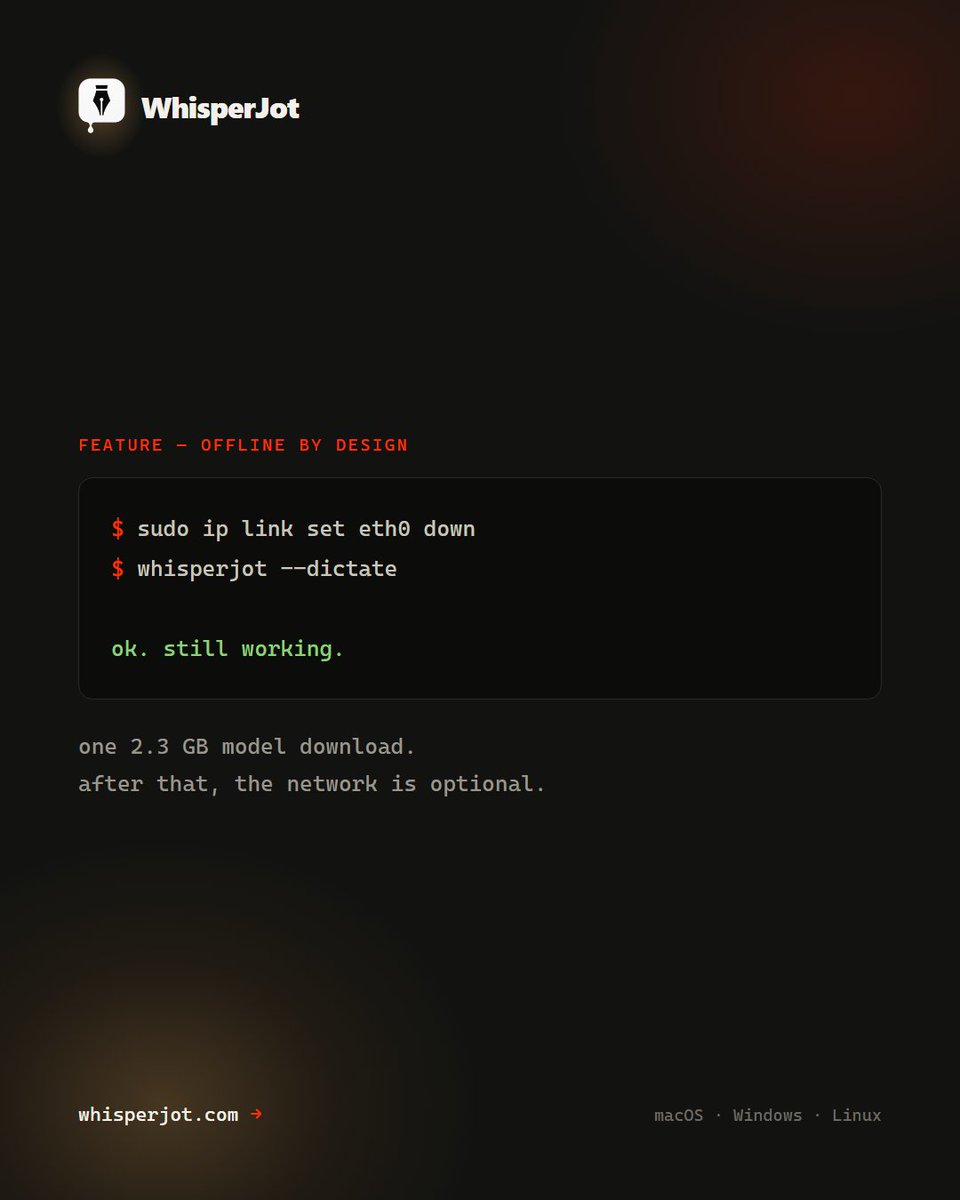whisperjot's tweet photo. Bring your interface down. 

Keep dictating.Bring your network interface down and keep dictating. It works, because it never used the network. 

One 2.3 GB download, then the internet is optional. 
Test it offline: https://t.co/7d0katyEz3 

#privacy #offline #localfirst https://t.co/y1Nnv4UFch
