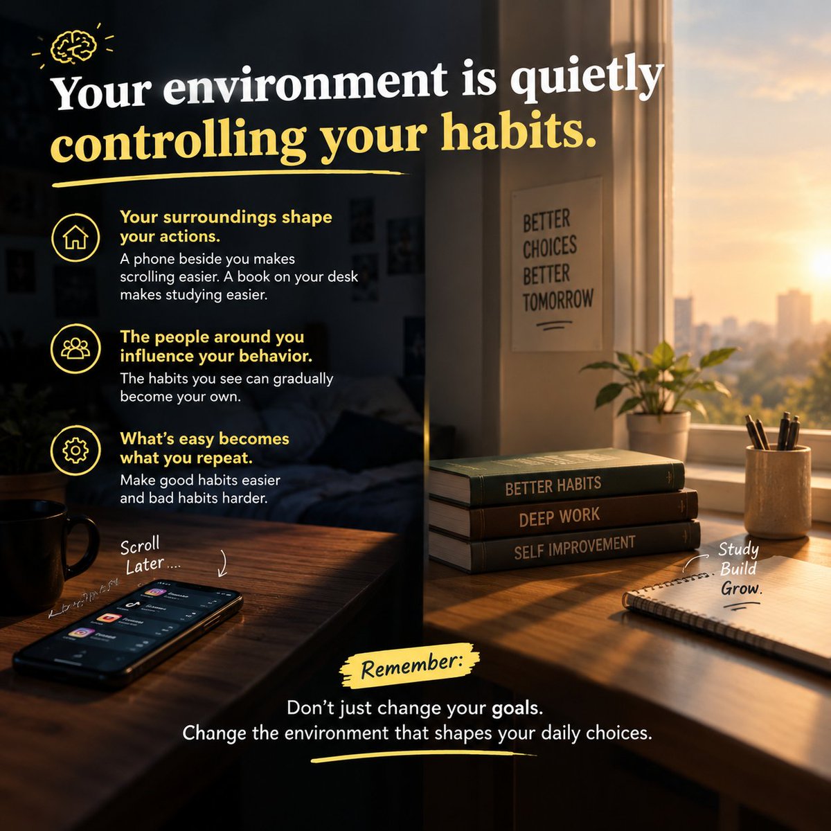 raajiiiv's tweet photo. Your environment is quietly controlling your habits.

Your surroundings shape your actions.
The people around you influence your behavior.
What’s easy becomes what you repeat.

Stop relying on willpower alone.

Change your environment. Change your habits. Change your life. https://t.co/uLs7qspB3z