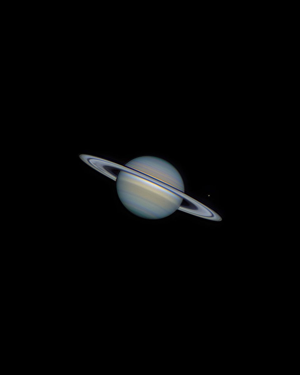 AJamesMcCarthy's tweet photo. I used a 14” telescope in my homemade observatory to capture Saturn and Tethys, one of its moons. 

You can see spokes on the rings, my first time capturing them so vividly! https://t.co/DtHkeYkhHZ
