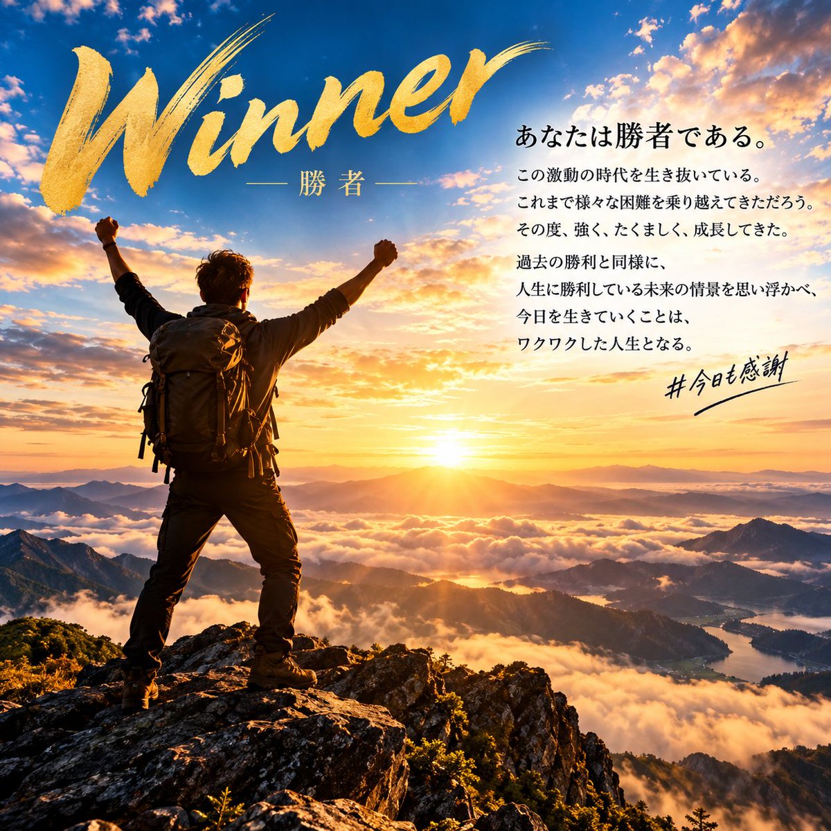 MultiReflection's tweet photo. Winner（勝者）

あなたは勝者である。
この激動の時代を生き抜いている。
これまで様々な困難を乗り越えてきただろう。
その度、強く、たくましく、成長してきた。
過去の勝利と同様に、人生に勝利している未来の情景を思い浮かべ、今日を生きていくことは、ワクワクした人生となる。
#今日も感謝 https://t.co/EUuxNJ2yJn