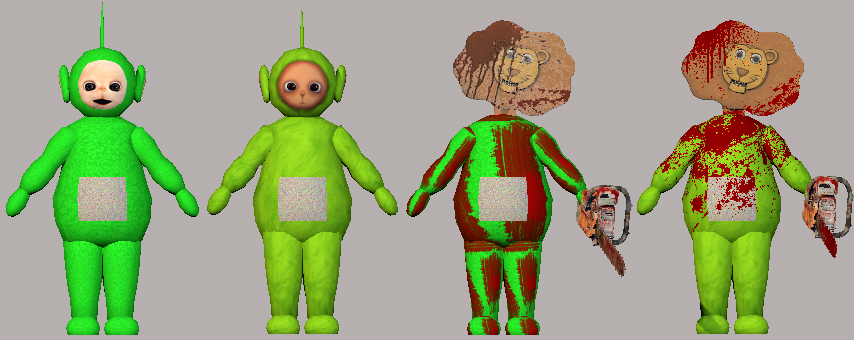 RandomWees's tweet photo. Now that everything related to The Lion's Mouth is finished, I'll post some of the work I've done on the video.
Starting with the retexturing of the Dispy model
#MythsOfTubbyland #slendytubbies https://t.co/DjVqwkI96I