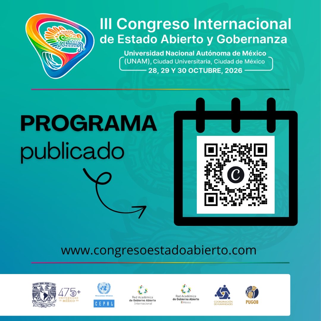 CIEstadoAbierto's tweet photo. ¡El programa oficial ya está disponible! 📄✨

Nos emociona anunciar la agenda del III Congreso Internacional de Estado Abierto y Gobernanza, coorganizado por @UNAM_MX, @cepal_onu y @RAGA_Int.

👩🏻‍💻Conoce los eventos en https://t.co/zxf1fLpodB

#CongresoEstadoAbierto2026

🧵 (1/3) https://t.co/kExrEVjOFk