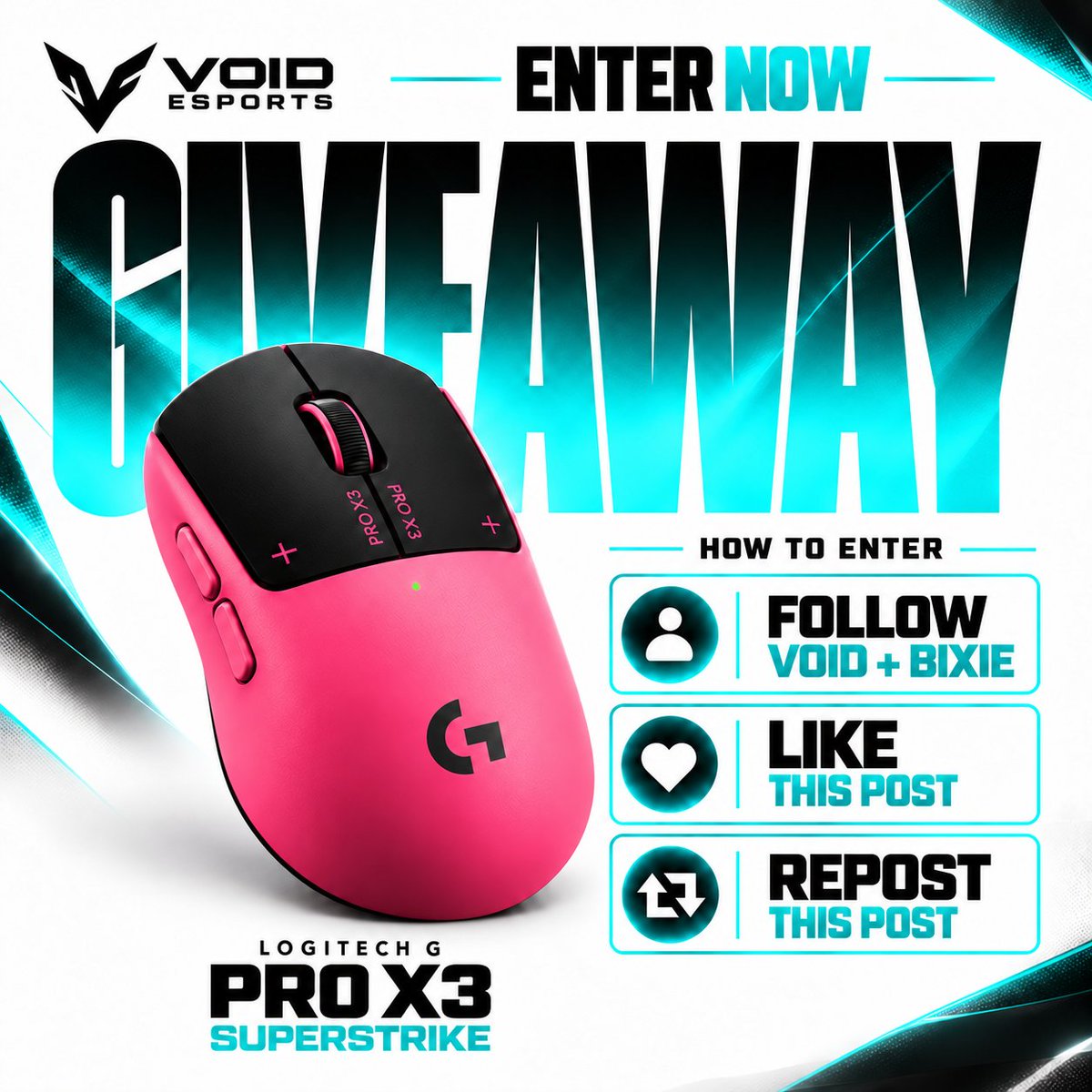 BixieFn's tweet photo. VOID ESPORTS GIVEAWAY 🩵🖤

Win a Logitech G PRO X3 SUPERSTRIKE! 🖱️

To enter:
→ Follow @VoidEsports2x &amp; @BixieFn
→ Like this post ❤️
→ Repost 🔁
🎁 Entries close in 10 days. Winner announced afterward!  Good luck! ☀️ #logitech #superstrike #giveaway #esports https://t.co/uvAldpDirr