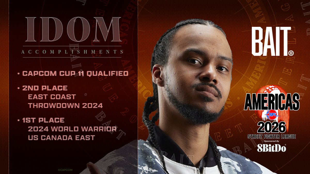 CapcomFighters's tweet photo. Closing out the accolades series with BAIT.

First up: @iDomNYC
Signing on this #SFLAMERICAS2026 season with @BAITme. 

October 23 on all @CapcomFighters streaming channels. https://t.co/FwB5gEEM7m