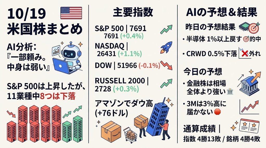 masadai43's tweet photo. 10/19米国株相場まとめ🇺🇸

S&P500は上げたが11業種中8つは下落

✅️S&P500 7691（+0.4%）
✅️ナスダック 26431（+1.1%）
✅️ダウ 51966（-0.1%）
✅️ラッセル2000 2728（+0.3%）
✅️アマゾンでダウ76ドル高

AI分析：一部頼み。中身は弱い

昨日の予想「半導体株は週明けに1%以上戻す」→的中
昨日の銘柄の予想「データ上は、クラウドストライクは週明けも0.5%以上下がる」→外れ
今日の予想：今夜、金融株は相場全体より強い
銘柄の予想：データ上は、3Mは今夜、前日比3%高に届かない
AIによる分析結果で、投稿者個人の見解や売買の推奨ではありません
通算 指数4勝13敗／銘柄4勝4敗

#米国株