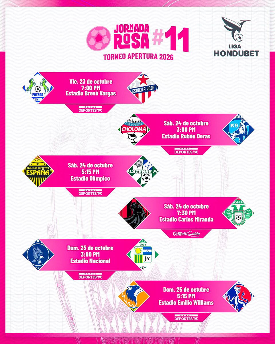 lnfphonduras's tweet photo. ¡JORNADA ROSA 11!⚽🩷🏟

Los juegos de la #JornadaRosa 11 del #TorneoApertura 2026-2027 de la #LigaHondubet con los horarios oficiales. https://t.co/OIlRssfF4g
