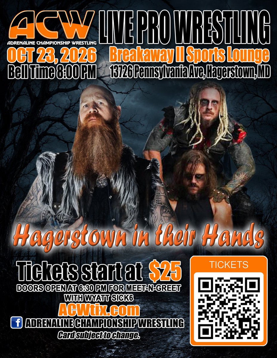 ACW_Pro's tweet photo. This Friday October 23rd …

Hagerstown Maryland 🦀 

https://t.co/J649cf75X7 for tickets 🎟️ 

.@ErickRedBeard 
.@JoeGacy https://t.co/0zFVl6iFRl