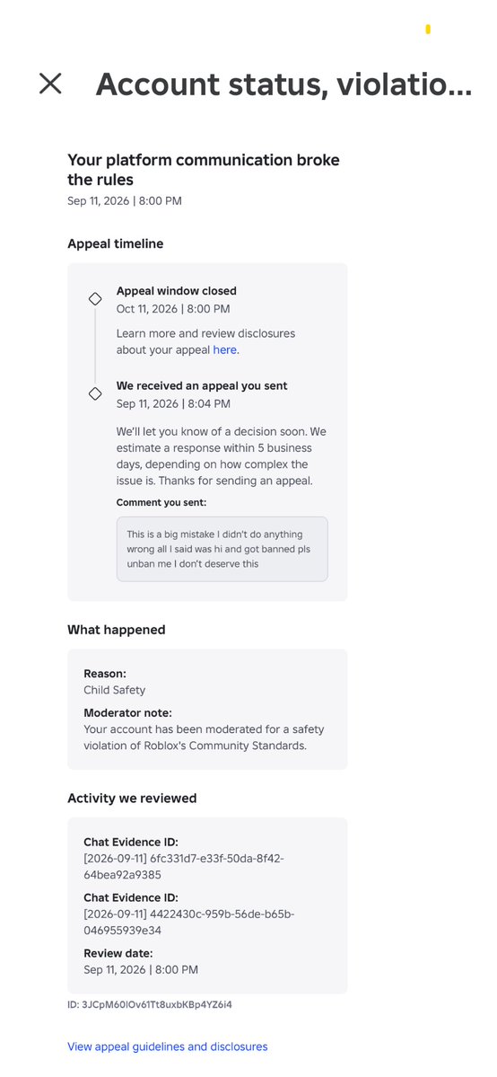 TeacherJer141's tweet photo. @Roblox I’m still falsely banned and stacked ban for literally no reason it’s almost 2 months and I got auto rejected in under a second https://t.co/jTiQEI0dTN