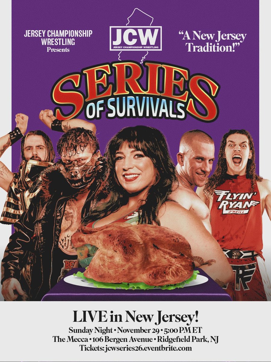 GCWrestling_'s tweet photo. Jersey Championship Wrestling returns to action on Sunday, November 29th for a "Series of Survivals" at The Mecca!

tickets are on sale now:
https://t.co/OZqB4LWt0G

join us as the superstars of JCW get hungry... and forget their manners!!! https://t.co/vTDwFqAsBs