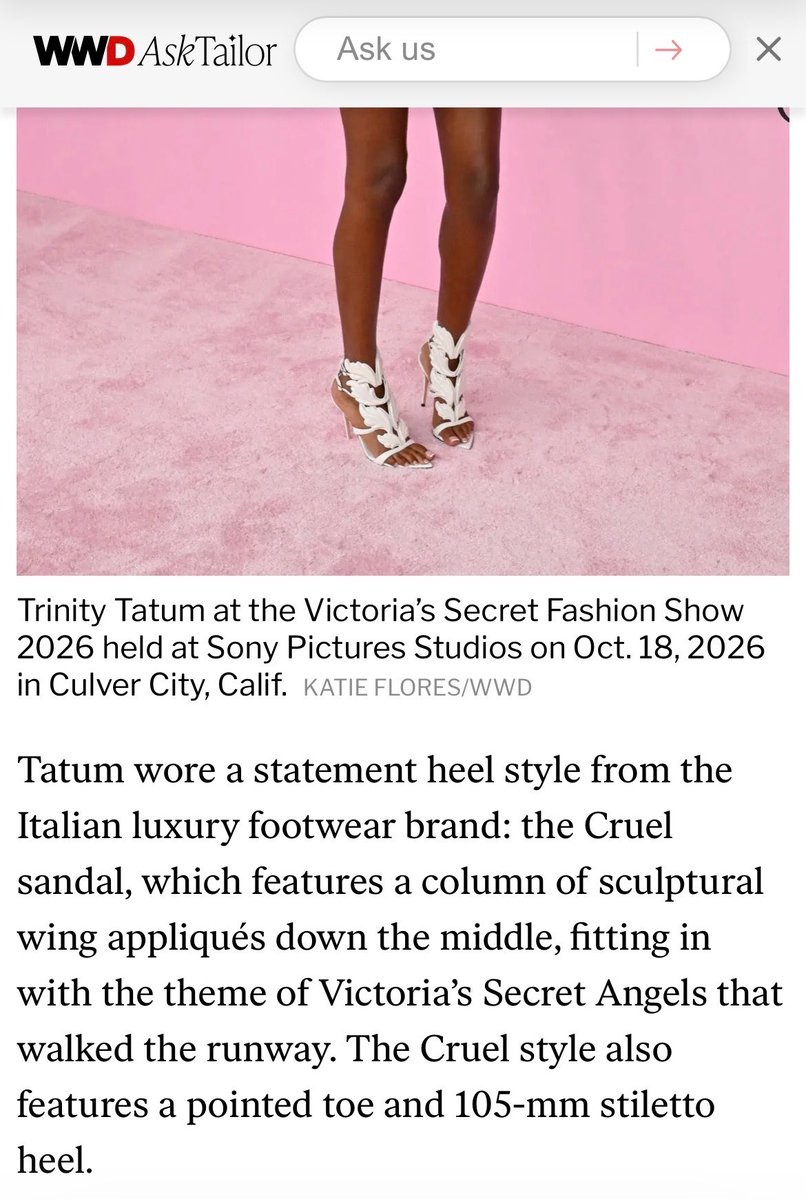 bjpsgyal's tweet photo. WWD on Giuseppe Zanotti shoes worn by Trinity Tatum at VSFS  with a Di Petsa Dress from SS27 collection 

Trinity Tatum at VSFS 
#TrinityTatumxVSFS
#VSFS2026

https://t.co/IXZ6n3eXH2 https://t.co/tH78htNUSd