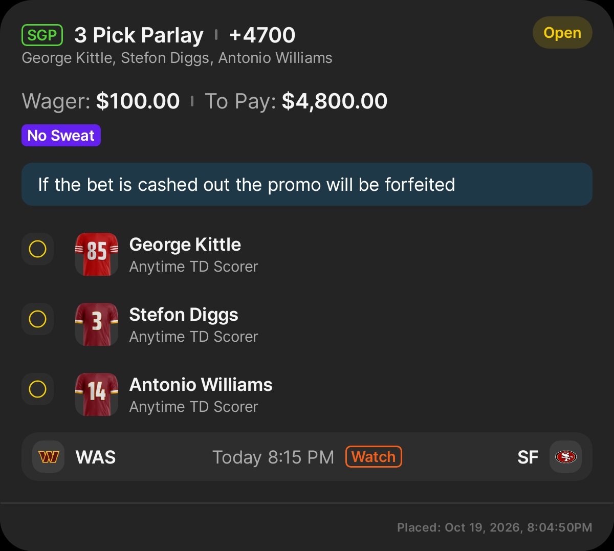 RobinTheBook's tweet photo. https://t.co/zvADFyipVj
๐จ๐ฆโ๐ฅ RTB NEXT PLAY ๐ฆโ๐ฅ๐จ
๐ฃ 3-LEG MNF BABY NUKE ๐ฃ
๐ฅ $100 TO $4,800! (+4700)
๐ฏ 3 ANYTIME TD SCORERS!
๐ฆโ๐ฅ NO MASKS. NO GUNS. JUST PICKS. ๐ฆโ๐ฅ
#RTB #MNF #NFL #BabyNuke https://t.co/za0FYGGyBe