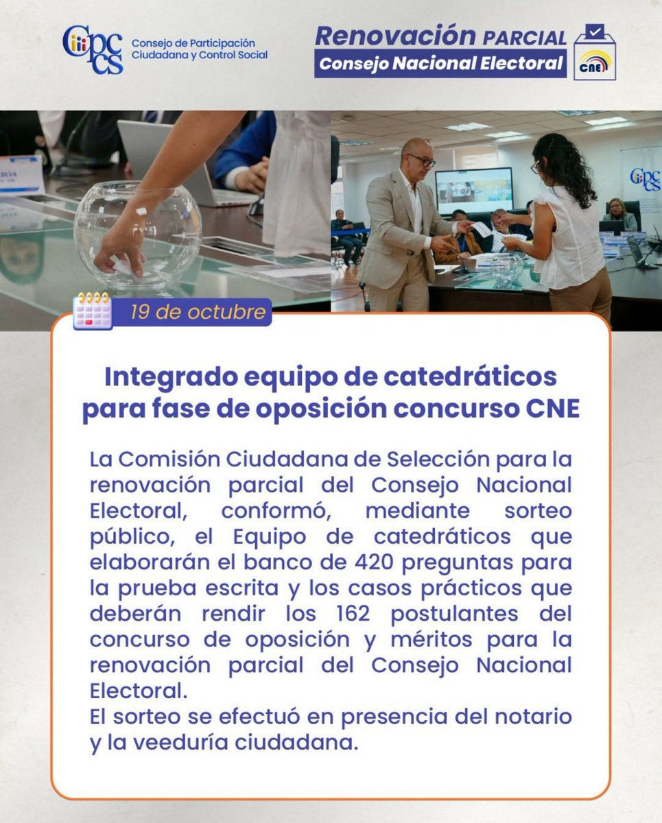 notimundoec's tweet photo. 🇪🇨#Ecuador | Comisión Ciudadana de Selección definió, mediante sorteo público, al equipo académico responsable de elaborar los instrumentos de evaluación para los 162 aspirantes al CNE.

El grupo estará integrado por 7 catedráticos principales y 7 suplentes, quienes prepararán 420 preguntas y casos prácticos.

#FmMundo, 100% digital 📲