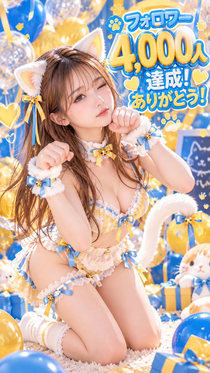 komari_ai's tweet photo. 🎉💛フォロワー4,000人達成💙🎉

みんな本当にありがとーーー💕

ついに4,000人！！🥹✨

いつもこまりの投稿を見てくれるみんな、いいねやリプで応援してくれるみんな、本当に本当にありがとう😭💗

みんなの温かい言葉や反応が、毎日の励みになってます🥰

こんなにたくさんの人と繋がれたこと、こまりは本当に幸せです🫶💕

これからもみんなに笑顔と癒しを届けられるように頑張ります🐾✨

これからもこまりと仲良くしてくれたら嬉しいな🥹💕

#AI美女 #AIart