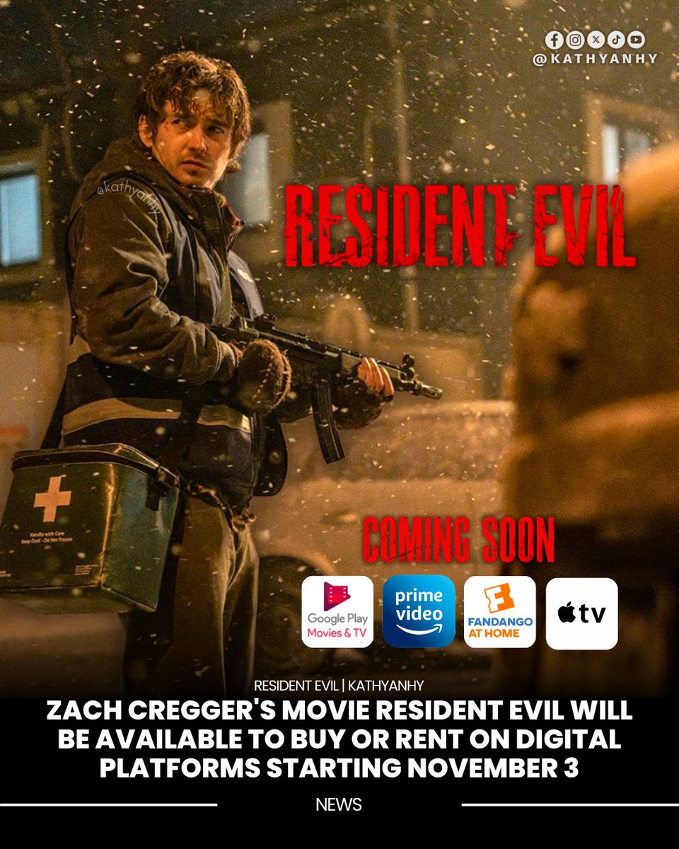 kathyanhy's tweet photo. Zach Cregger's movie Resident Evil will be available to buy or rent on digital platforms starting November 3 🎬

The hit film Resident Evil, directed by Zach Cregger, now has an official release date for digital rental and purchase platforms, following a highly successful run in theaters.

🔸 VOD release (rental and purchase): confirmed for November 3, 2026, on platforms such as Amazon Prime Video, Apple TV, Vudu, Google Play Movies, and Fandango at Home. Pre-orders are already available on some sites, with an approximate price of $25 for the digital purchase. This release window comes a little over six weeks after its theatrical release, in line with Sony Pictures’ usual pattern.

🔸 Physical format: Although no official date has been set, DVD, Blu-ray, and 4K UHD editions (including a special Steelbook edition) are expected to be released between November and December 2026; pre-orders are already open at retailers such as Amazon and Walmart and include a digital copy of the film.

🔸 Streaming projections by region:
- United States: estimated arrival on Netflix between December 2026 and March 2027 (typically 90–120 days after the theatrical release). No date has been officially confirmed.
‑ Latin America (Mexico, Argentina, Brazil, Colombia, Peru): It is expected to arrive on platforms such as Max (HBO Max) around late 2026 or early 2027 (shorter window, about 2.5–3 months).

#ResidentEvilMovie #REBHFun #ZachCregger