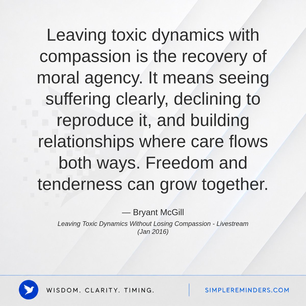 SimpleReminders's tweet photo. Leaving Toxicity Recovers Moral Agency
— Bryant McGill, Leaving Toxic Dynamics Without Losing Compassion - Livestream (Jan 2016)
https://t.co/1b8HAfSpo4 https://t.co/YABSN4mbkC