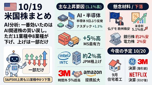 masadai43's tweet photo. 10/19米国株ニュースまとめ🇺🇸

✅️AI関連株に買い戻し、ナスダックは1.1%高、半導体株指数は9日ぶり反発
✅️アマゾンは約5%高、モルガン・スタンレーが最有力銘柄に指名
✅️インテルは約2%高、JPモルガンが格上げ
✅️3Mはアマゾンとの提携拡大を発表し時間外で5%超高
✅️フランスの抗議デモで欧州株安、米長期金利は5.1%台に上昇
✅️大手銀行株は約2%安、電力株は2%安

AI分析：一番効いたのはAI関連株の買い戻し。ただ11業種中8業種が下げ、上げは一部だけ

今夜は9月の住宅着工が発表、取引開始前にGEエアロスペースや3M、引け後にネットフリックスが決算

#米国株