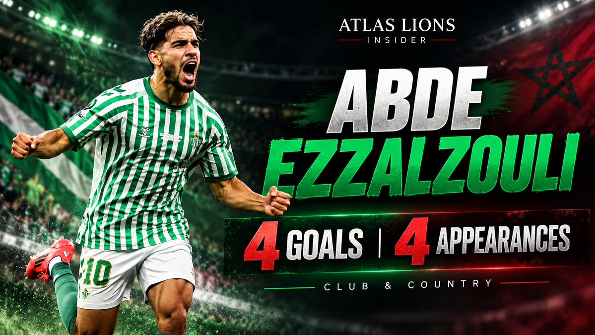 AtlasLionsNews's tweet photo. 🇲🇦 Four consecutive appearances, four goals for Abde Ezzalzouli.

⚽ vs Mali
⚽ vs Osasuna
⚽ vs Porto
⚽ vs Barcelona

His latest came in Betis' 5-2 defeat to Barça on Saturday.

The result wasn't what Betis wanted, but Abde's scoring run is worth noting.

#AtlasLions https://t.co/UUButTZAwQ