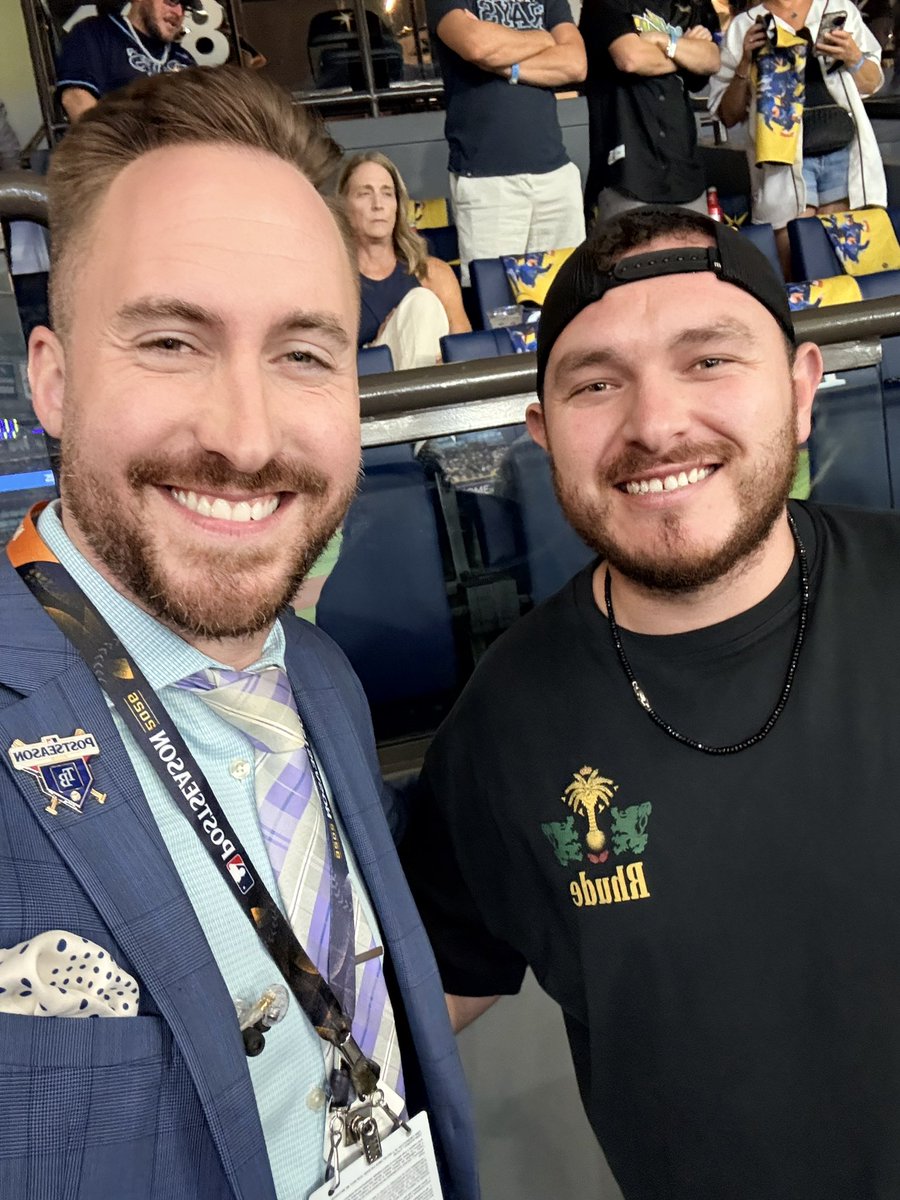 Ry_Bass's tweet photo. How cool is this? @BlueJays star Alejandro Kirk is here at @tropicanafield to support his childhood best friend Jonathan Aranda, with the #Rays a win away from the #WorldSeries https://t.co/eFJHDH7NvB