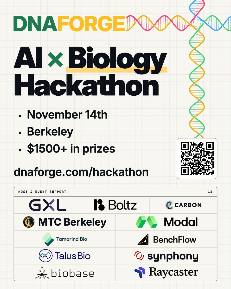 hassaanqadir123's tweet photo. Build at DNAForge’s AI × Biology Hackathon.

November 14th · Berkeley · $1,500+ in prizes

With @modal @boltz_bio @tamarindbio @talusbio @gxl_ai @benchflow_ai @SynphonyDev @GabriCorso @xdotli @Atelfo

Priority: October 25th
Apply in under 5 minutes:
https://t.co/aMyjbv4my2 https://t.co/e9GdIyIXc2