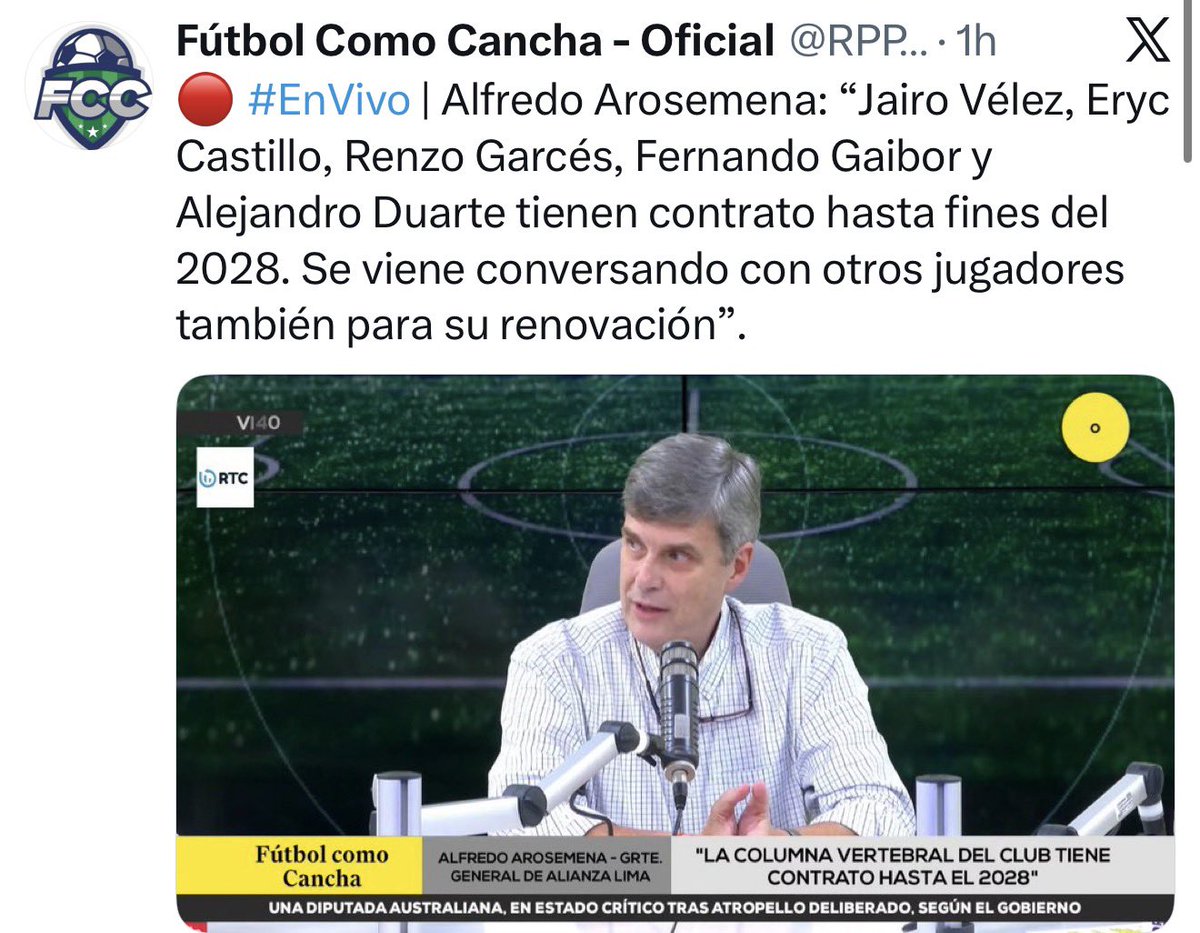 Walo_1901's tweet photo. Con RPP siempre es la misma huevada

Esto q ponen como citado, es falso, Arosemena no dijo eso 

Hay q precisar q Fernando vence contrato a fin de año y Duarte en 2027, Garcés, Castillo y Vélez si son 2028 https://t.co/mgCJYBJerh