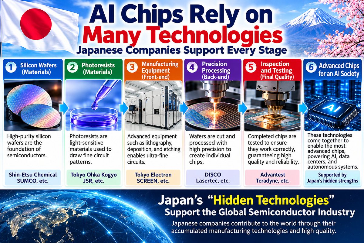 osamuindia's tweet photo. 🇯🇵 AI chips rely on more than chip design.

Wafers, photoresists, equipment, precision processing, inspection and testing—Japan contributes across the semiconductor supply chain.

These are Japan’s hidden technological strengths.

#JapanTech #Semiconductors #AI https://t.co/sR38nu9NZ2
