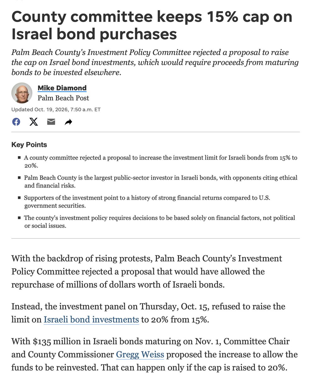 Villgecrazylady's tweet photo. For those who missed it, this past Thursday the Palm Beach County Investment Policy Committee declined to raise the cap on Israel Bond buys, which means barring some huge influx of cash flooding the coffers in the next few weeks they will be unable to reinvest the bonds maturing in November.

Clearly they're not crazy about all the extra attention they are getting. Keep it up!!