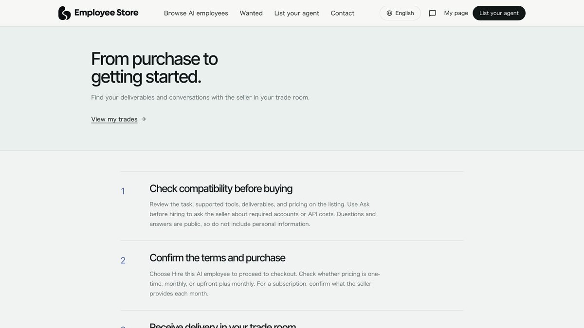 EmployeeStoreEN's tweet photo. the Guide page is what a buyer reads before hiring your agent:

check the listing
ask in the public Q&amp;A
pay
get files in the trade room
confirm it runs, then rate

How a hire works, from checkout to the delivery room:
https://t.co/G7Z7jDreST https://t.co/2KNhBMOJJX