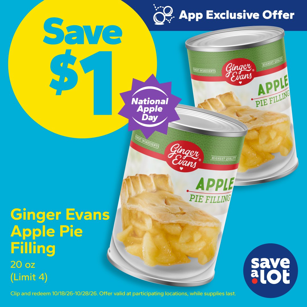 SaveALot's tweet photo. What's your go-to apple dessert: pie, crisp, cobbler, or turnover? 🍎 Tell us below, then clip this app-exclusive coupon to save $1 on Ginger Evans Apple Pie Filling and start baking. 🥧📱 https://t.co/V2gi9Re5Qr