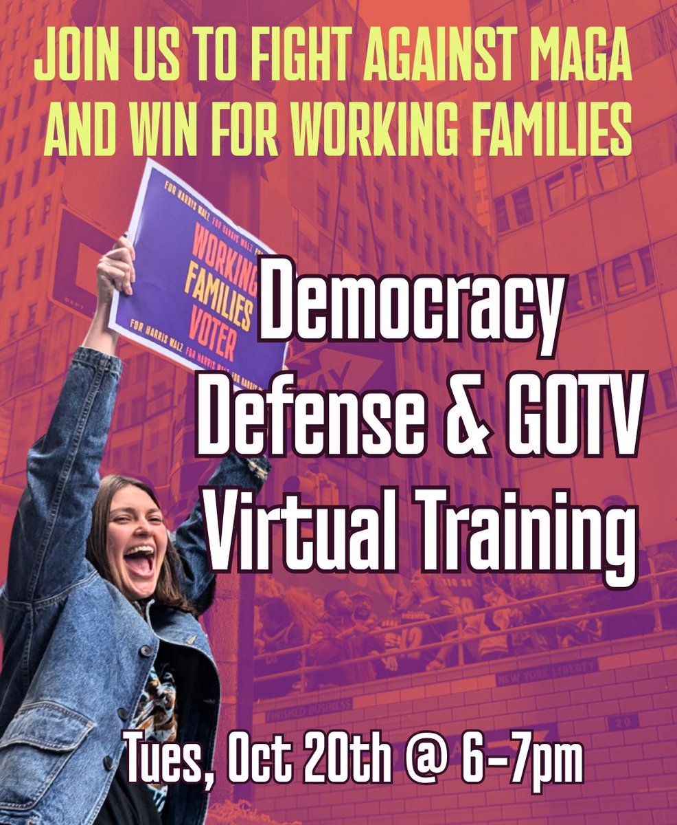 NYWFP's tweet photo. 📢 Early Voting is around the corner, and here’s the bottom line: There’s a lot at stake in this Election. 

Join us TOMORROW, October 20th from 6-7pm for our Democracy Defense + GOTV Virtual Training. Sign up here: https://t.co/ISVFew7XH6 https://t.co/OmAlpxFHL9