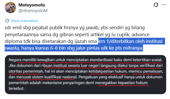 ngebot18997's tweet photo. @otomoyotoM @Franken_blues @Kemdikdasmen @EmilDardak @JatimPemprov yg ta tanyakan itu DASAR HUKUMnya apa? UU? permendiknas? dirjen?
Sblmnya km kemakan HOAX emil A-lv. harusnya km belajar dr itu. lu kira semua tulisan di internet itu sumber shahih?😂

dasar gw jelas sudah banyak contoh diploma bs disetarakan, spt emil
dasarmu apa? https://t.co/ZTgPyO287I