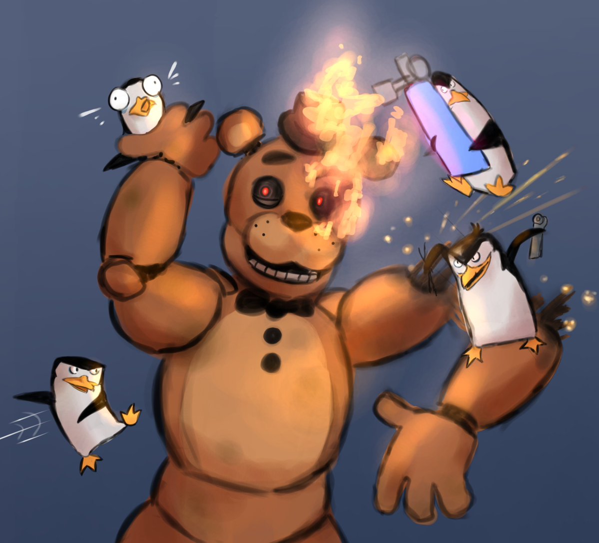libraaxxxlibraa's tweet photo. A crossover no one asked for, but everyone needed:
Freddy vs the Penguins of Madagascar.
Should I leave it like this or add more color?
#FNAF #FreddyFazbear https://t.co/ifwZuFKrwL