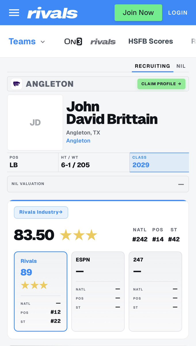 JohnDavid2029's tweet photo. Blessed to rated a 3⭐️ and #14 LB in the nation by @Rivals ❗️@CoachJBrittain @Coachwoodard13 @coachphillevans @_CoachTorres @DonnieBaggs_ @MADEMan39 https://t.co/gljnY3SVVf