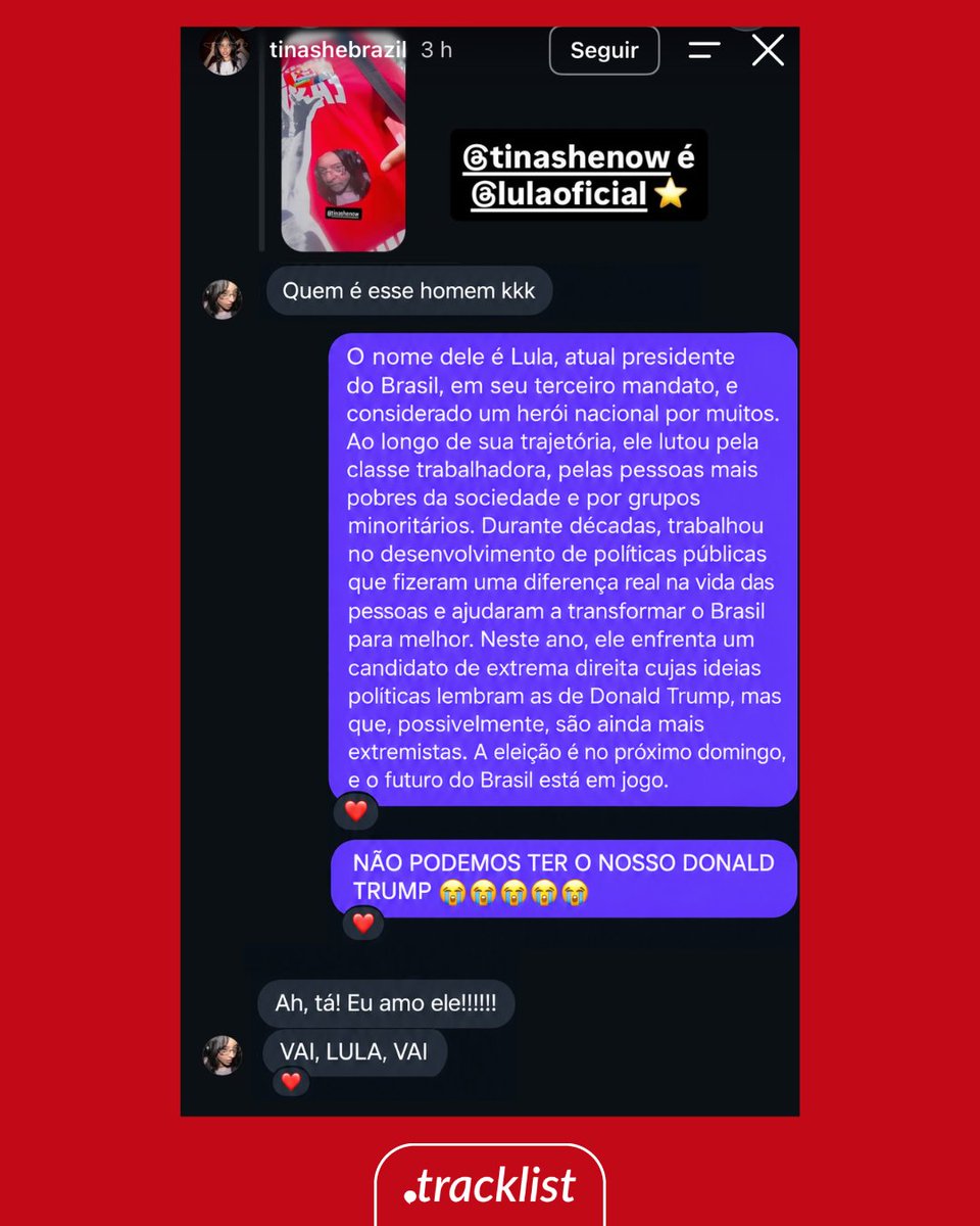 tracklist's tweet photo. Tinashe descobriu o estático “Lulashe Popstar”, que mistura o presidente Lula com a capa do novo álbum da artista, e declarou:

“Eu o amo! Vai, Lula! Vai!” https://t.co/aJlHfXFcDA