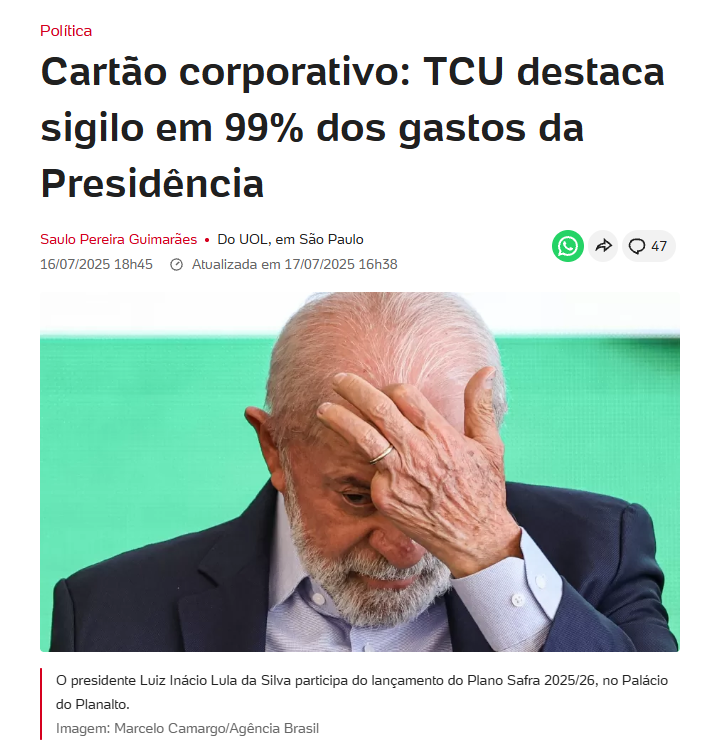 leandroruschel's tweet photo. Antes de abrir essa piada de sigilo telefônico de um telefone que ele nem usa, o Descondenado deveria levantar o sigilo de 100 anos e liberar as informações que seu próprio governo vem escondendo dos brasileiros.

Vamos relembrar alguns casos?

- Gastos com cartões corporativos da Presidência. O próprio Tribunal de Contas da União constatou que 99,55% dos R$ 55,5 milhões gastos pela Presidência entre janeiro de 2023 e abril de 2025 estavam sob sigilo. São aproximadamente R$ 55,2 milhões sem divulgação detalhada dos destinatários e das despesas. O TCU ainda apontou a ausência de notas fiscais vinculadas a determinadas transações e a dificuldade de identificar os produtos adquiridos. 

- Visitas a Daniel Vorcaro na Polícia Federal. O Ministério da Justiça manteve o sigilo de 100 anos sobre a identidade das pessoas que visitaram o dono do Banco Master enquanto estava preso em Brasília.

- Declaração de conflito de interesses do ministro Alexandre Silveira. O governo impôs sigilo de 100 anos ao documento que permitiria examinar possíveis conflitos entre os interesses privados do ministro de Minas e Energia e suas funções públicas.

- Negociações secretas com Donald Trump. O governo Lula manteve sob sigilo documentos das negociações com os Estados Unidos sobre o tarifaço. Um deles, apresentado em julho de 2026, continha propostas comerciais cujo teor integral não foi divulgado. Outro, entregue pelos americanos em 2025, trazia 21 exigências, inclusive sobre as eleições brasileiras, e só veio a público quase um ano depois, por meio da imprensa. Quais concessões foram discutidas com Washington? O que o governo brasileiro ofereceu aos americanos? Por que os documentos não foram integralmente divulgados?

- Lista de visitantes de Janja. O governo negou acesso aos registros de pessoas recebidas pela primeira-dama nos palácios presidenciais.

- Agenda de Janja. Informações sobre seus compromissos no Planalto e no Alvorada também foram objeto de negativas de acesso.